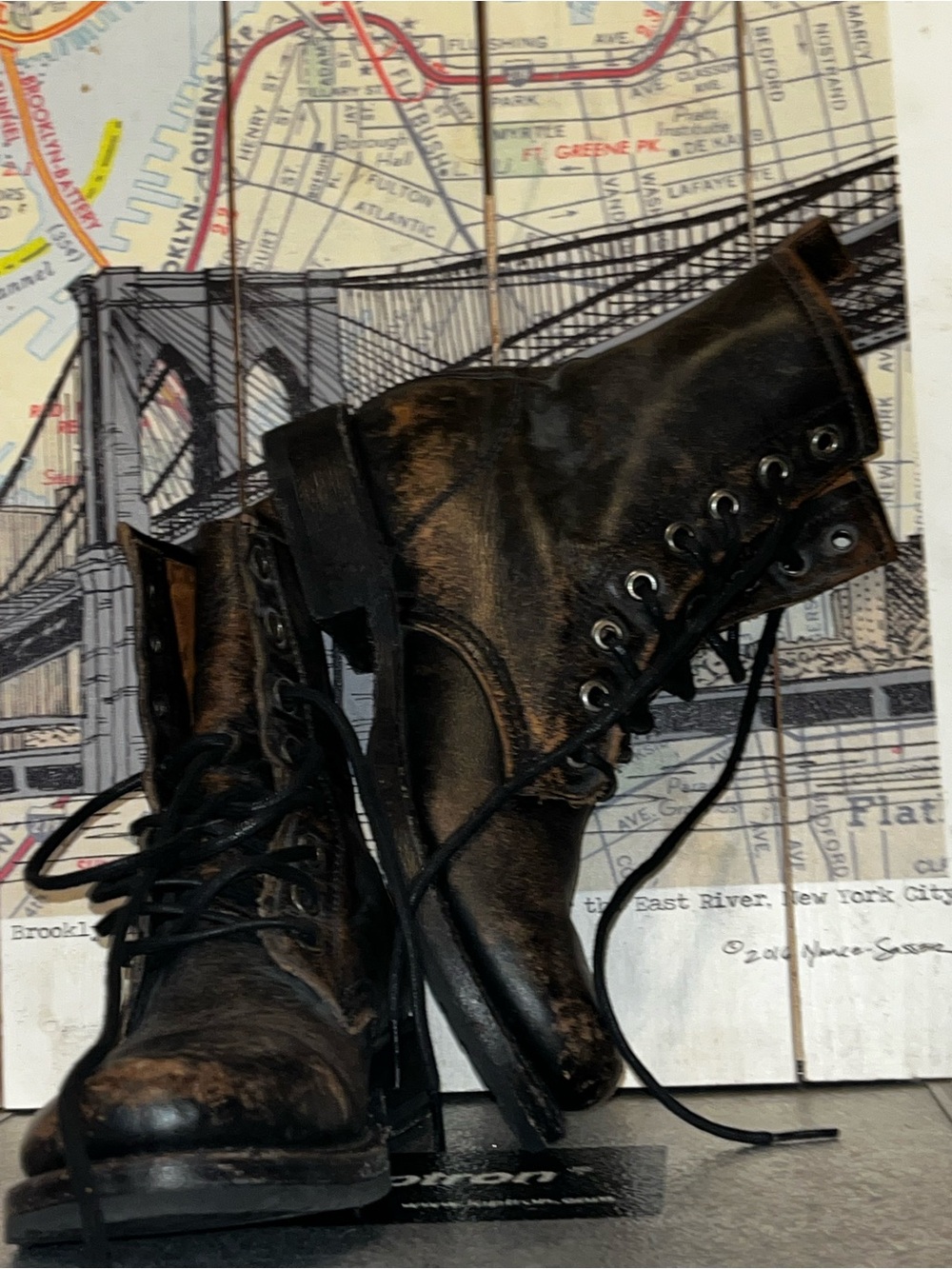 Frye Classic Combat Leather Lace-Up Boots in Distressed Black n Brown